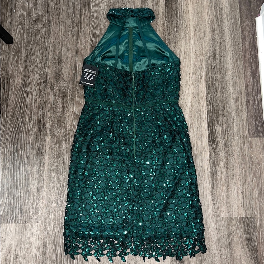 NWT Boston Proper Emerald Sequin Lace Mock Neck Sheath Dress Size 6 - Picture 8 of 12